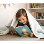 Battaniyenin altında gülümseyerek kitap okuyan çocuk