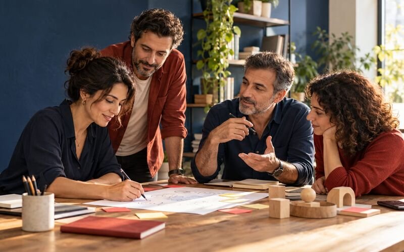 Bir atölyede birlikte fikir geliştiren yetişkinler