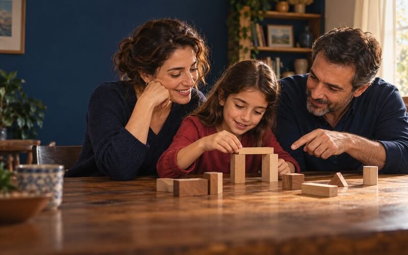 Ahşap bloklarla birlikte oynayan kız çocuğu ve ebeveynleri
